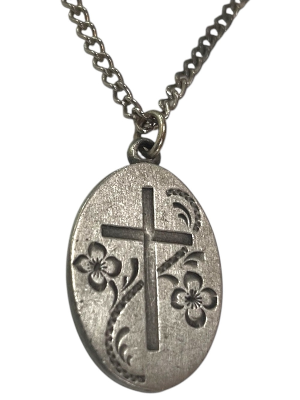 Vintage Scrim Pewter Necklace Cross Pendant Forget-me-not Flowers